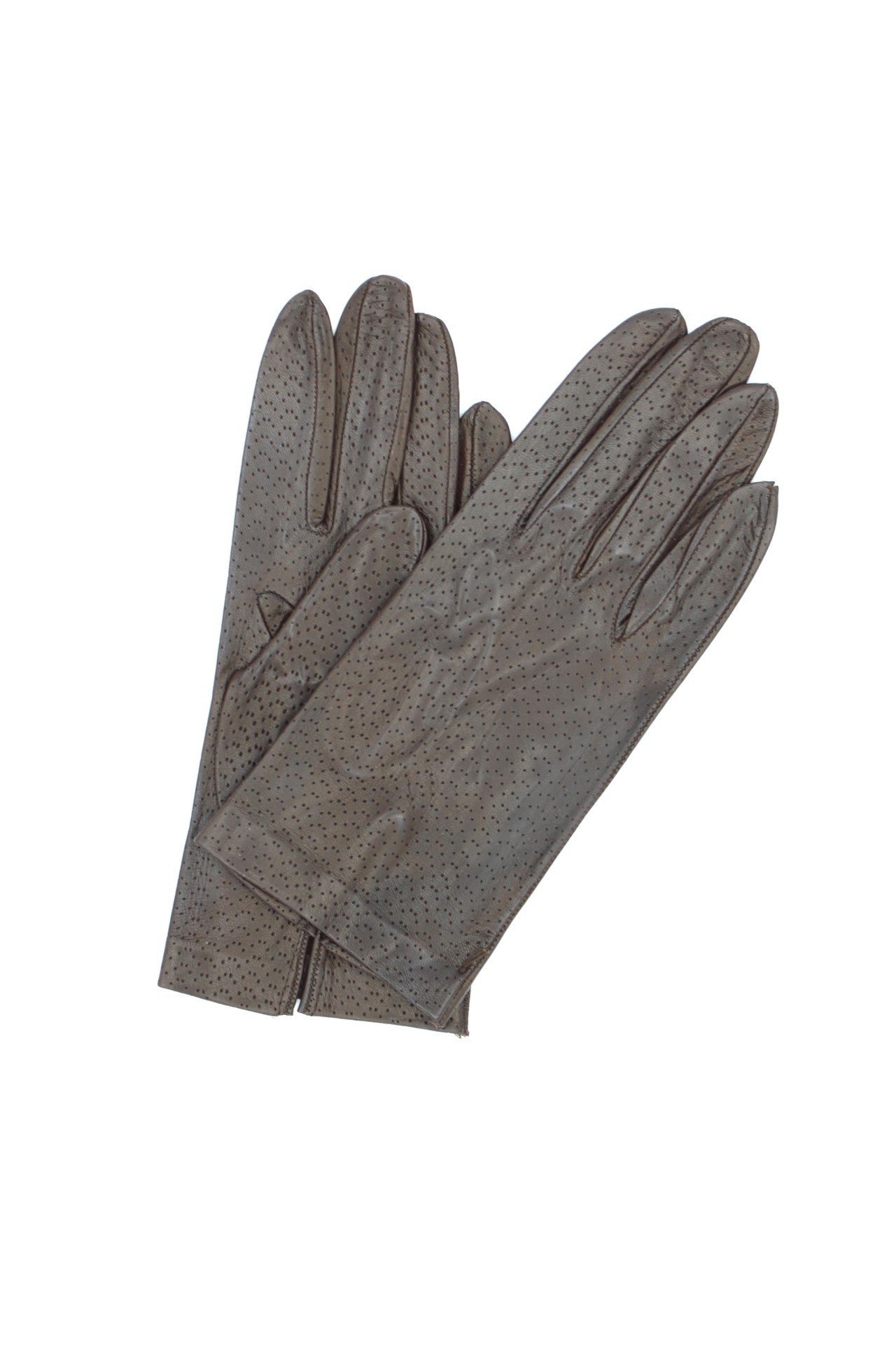 Kid Leather Gloves Unlined with Perforation Design Dark Brown