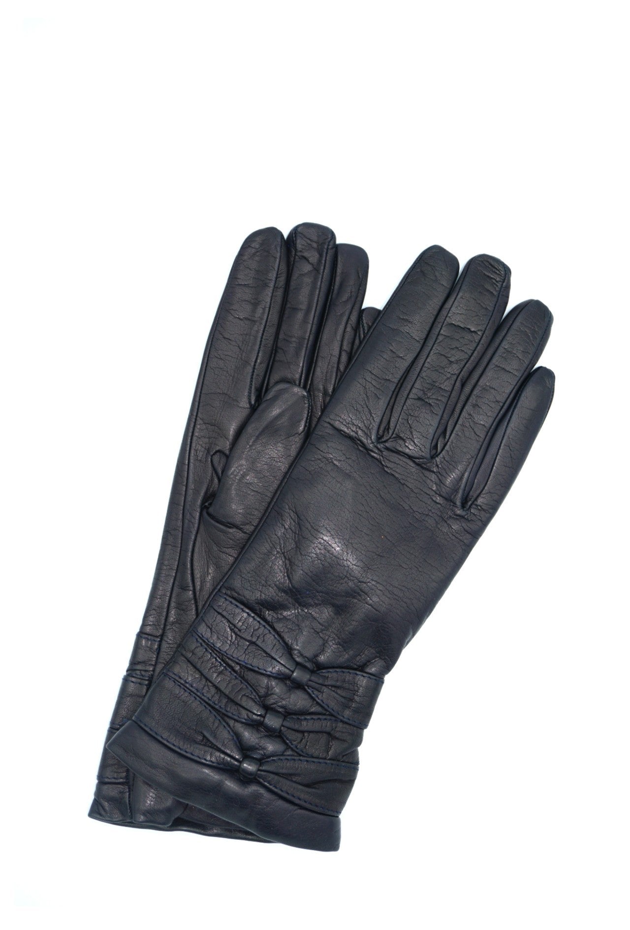 1629 Kid Leather Cashmere Lined Three Bow On Wrist Navy