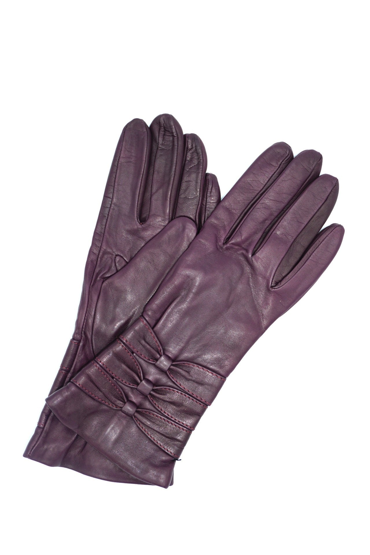 1629 Kid Leather Cashmere Lined Three Bow On Wrist Eggplant