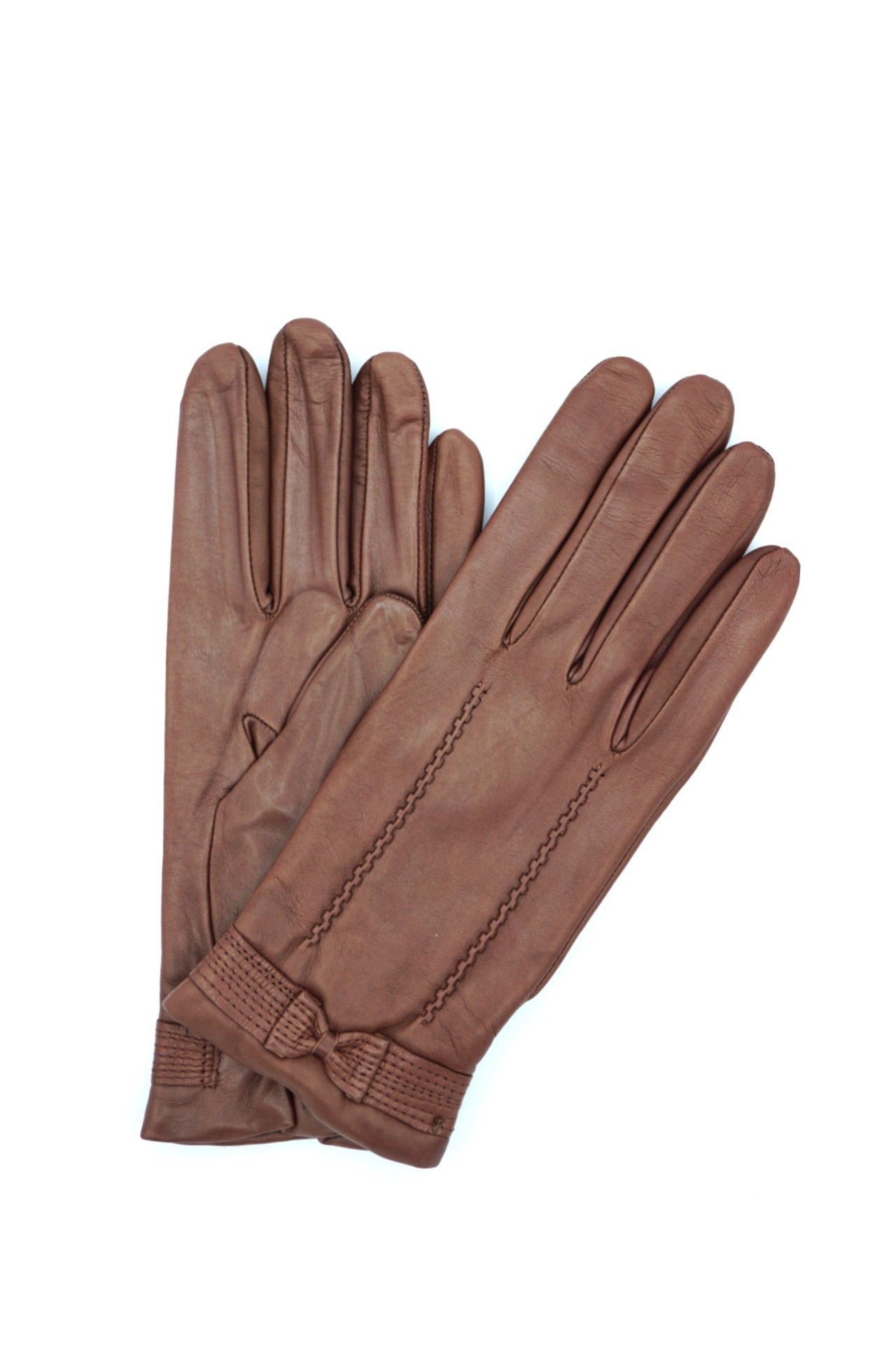 1355 Kid Leather Little Bow On Top Cashmere Lined Tan