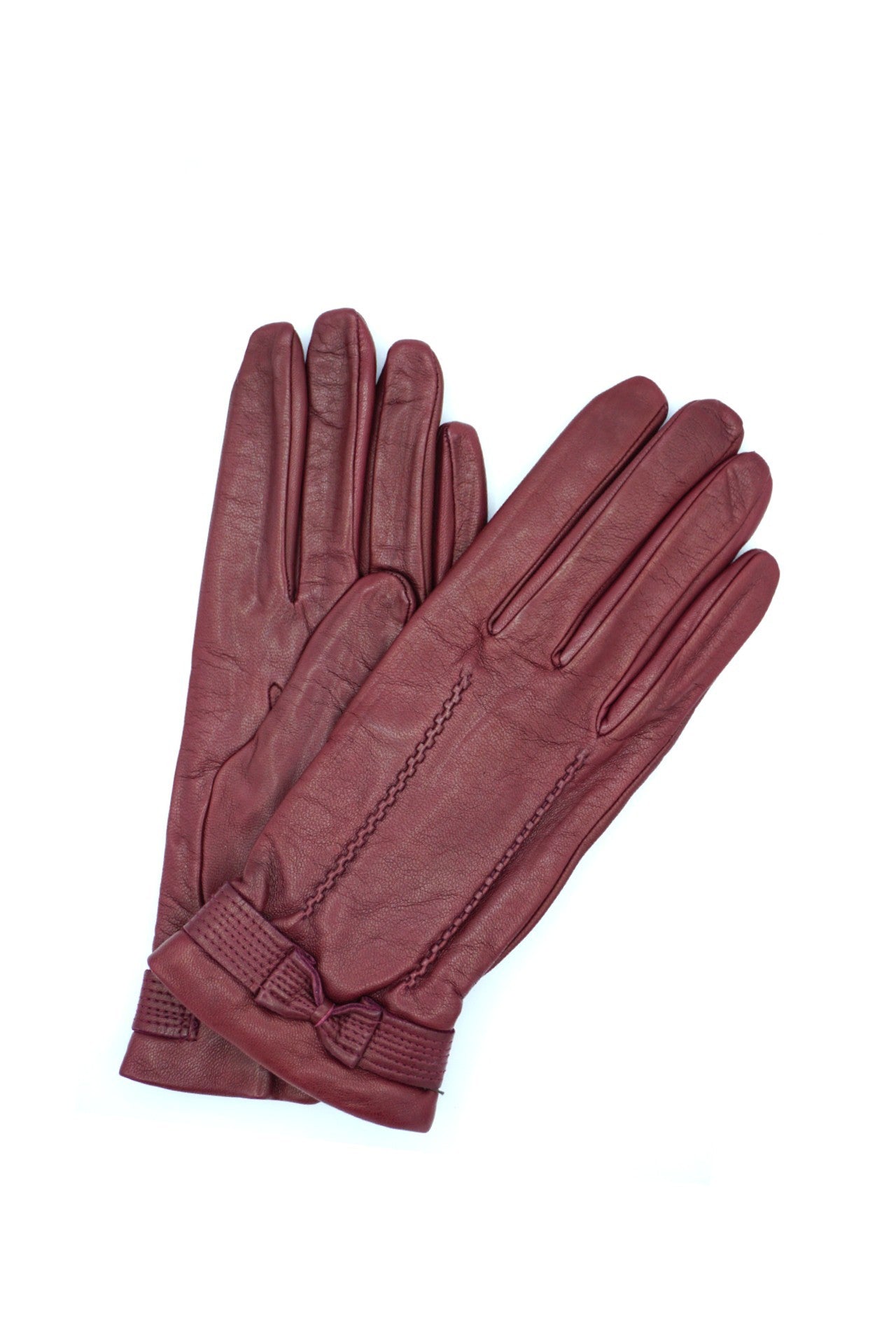 1355 Kid Leather Little Bow On Top Cashmere Lined D. Red