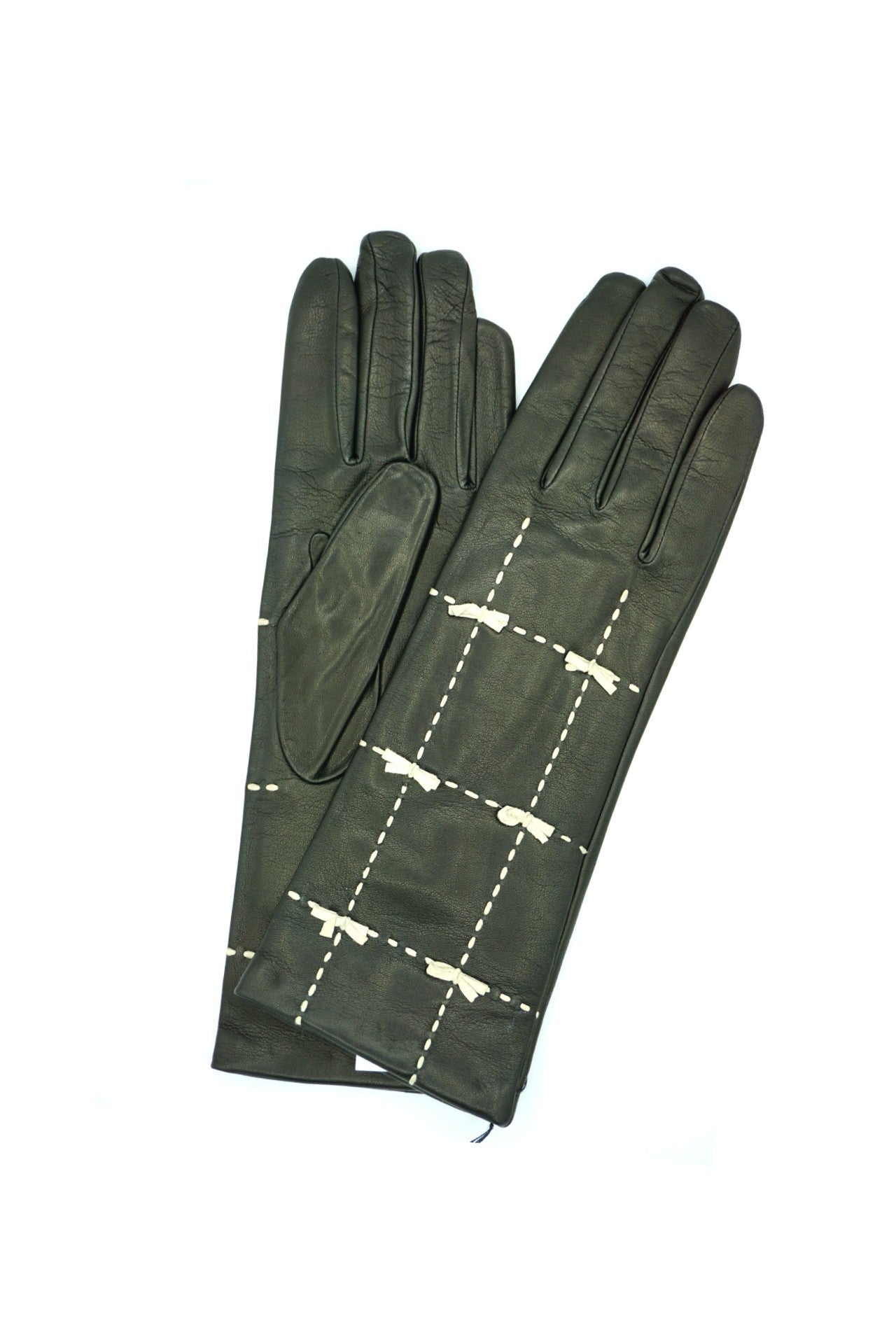 5021 Kid Leather Cashmere Lined Medium Length Brown-White