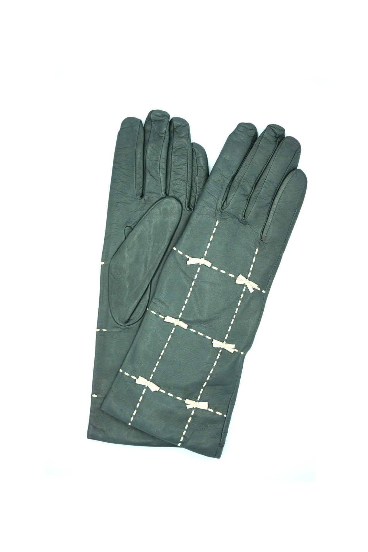 5021 Kid Leather Cashmere Lined Medium Length Gray-White