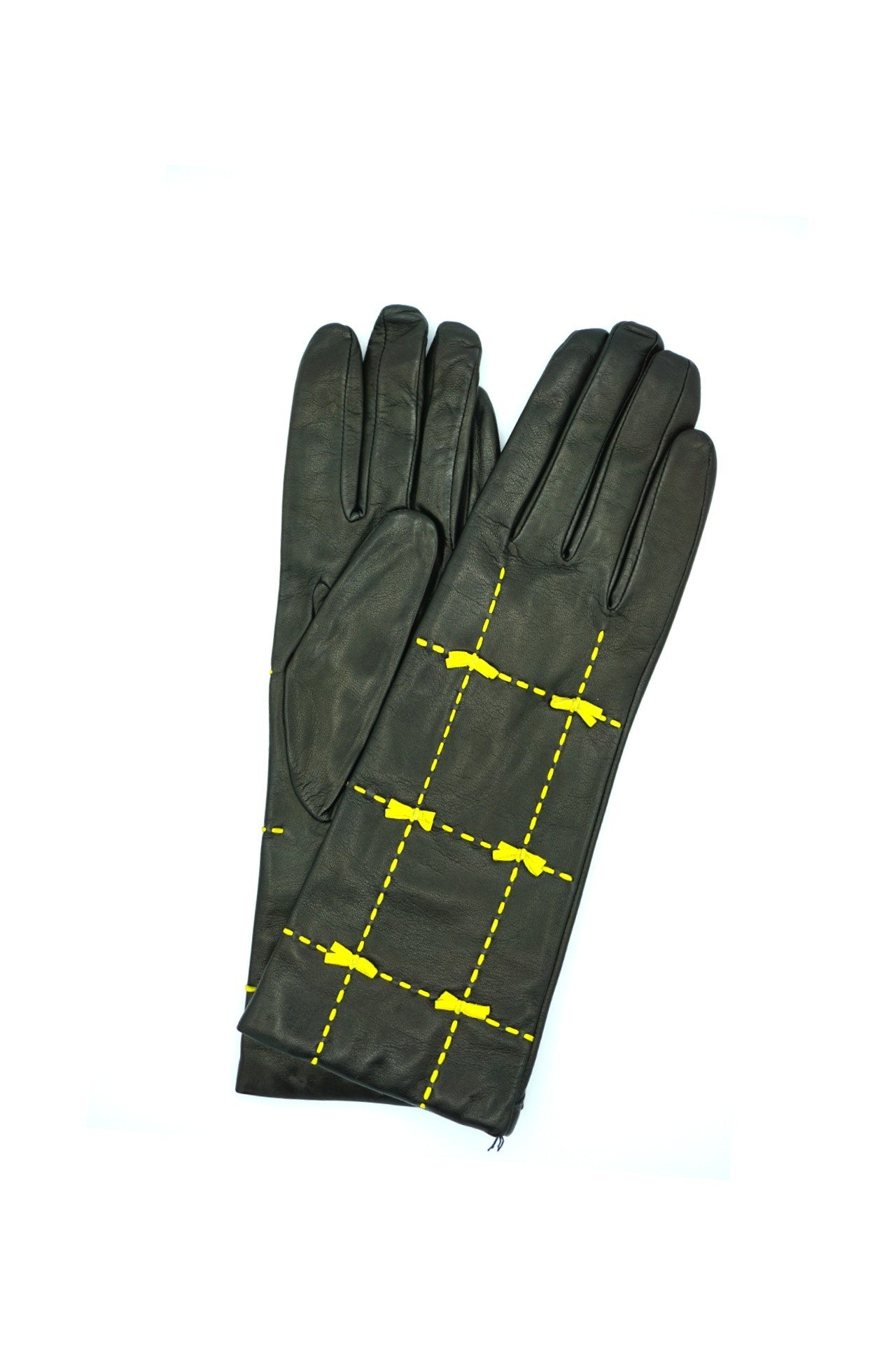 5021 Kid Leather Cashmere Lined Medium Length Black-yellow