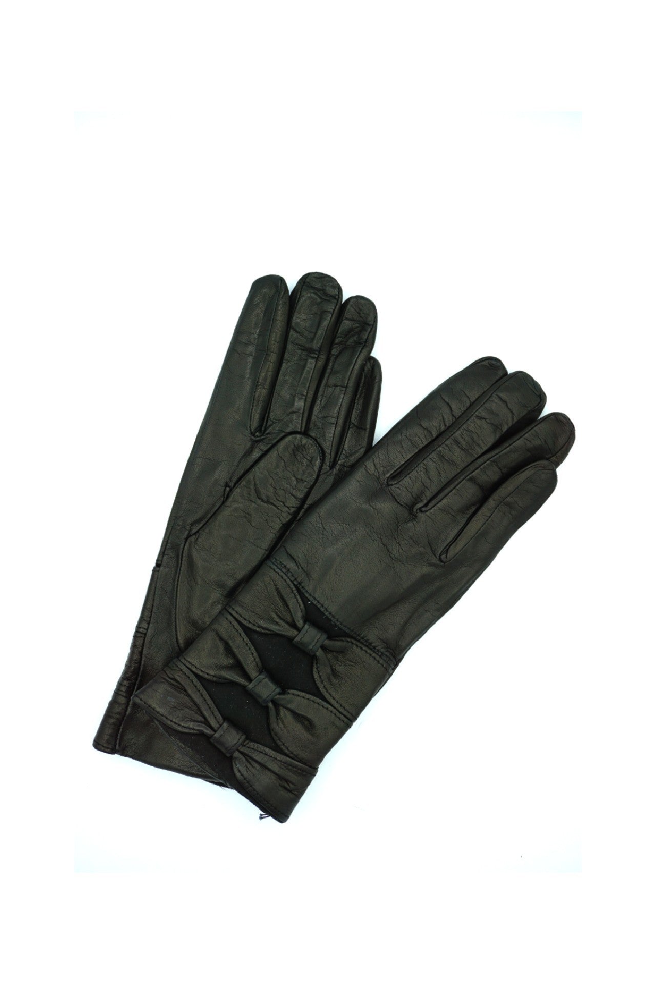 1751 Kid Leather Gloves Cashmere Lined 3 Bow Black